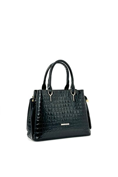 VICTORIA SHINE Funi 3063 جلد أسود لامع B.Kroko - حقيبة مفصلة للمحور