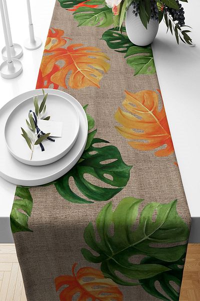 Pelangi Green Leaf Patterned Non-Stainable Fabric - Living Room and Kitchen Table Runner