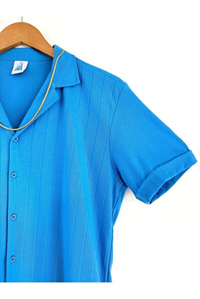 HAWKKİNG Ανδρικό καλοκαιρινό κοντομάνικο πουκάμισο με μπλε σχέδιο από βαμβάκι