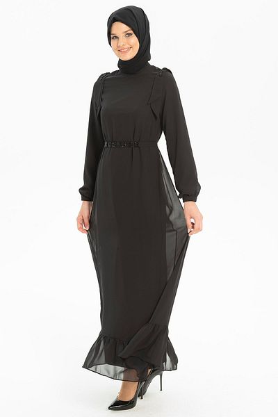 Beyza Nova Μαύρο Σιφόν Φόρεμα Hijab - Λεπτομέρεια από πέτρα στους ώμους και τη μέση, Μοντέλο 5252