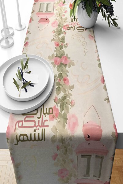 Pelangi Pembe Çiçekli Ramazan Feneri Leke Tutmaz Kumaş Salon Mutfak Masa Deği...