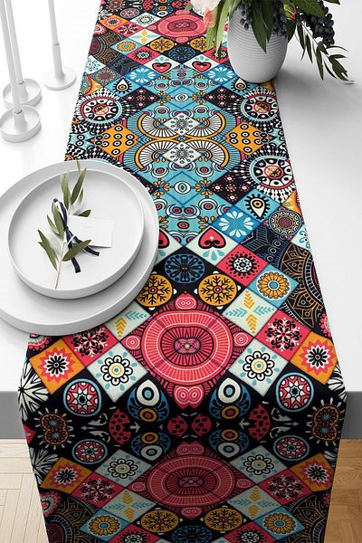 linazaitun Ethnic Tile Mosaic - Non-Stick Fabric Living Room Kitchen Table Runner, Different Ranir Models