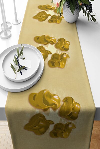 Pelangi Sarı Yaprak Desenli Leke Tutmaz Kumaş Salon Mutfak Masa Değişik Ranır...