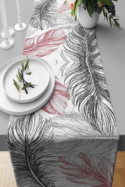 farbala White Feather Pattern Stain Resistant Fabric Living Room Kitchen Table Changed Ranir Models Runner