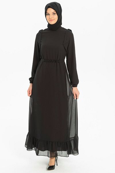 Beyza Nova Μαύρο Σιφόν Φόρεμα Hijab - Λεπτομέρεια από πέτρα στους ώμους και τη μέση, Μοντέλο 5252