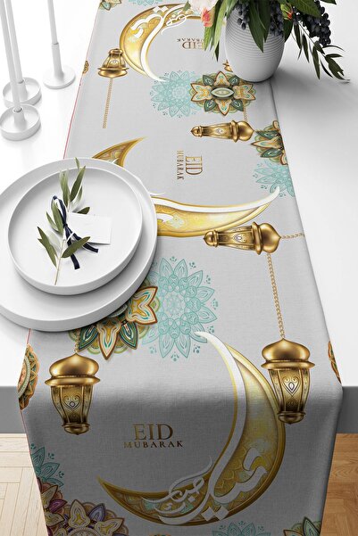 Genel Markalar Eid Mubarek Ramazan Desenli Gri Leke Tutmaz Kumaş Salon Mutfak...