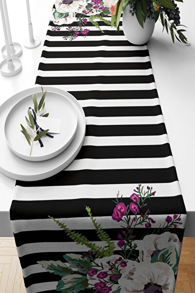Pelangi Siyah Şerit Çiçekli Leke Tutmaz Kumaş Salon Mutfak Masa Değişik Ranır...