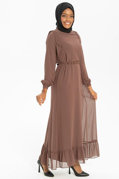 Beyza Καφέ Χρώμα Σιφόν Φόρεμα Hijab - Λεπτομέρεια από πέτρα στους ώμους και τη μέση, Nova 5252