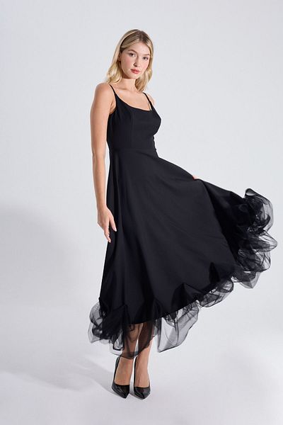 HOX'S Katniss |   Thin Straps Long Flared Dress with Tulle Detail on the Hem - Black