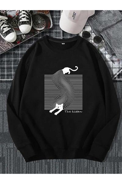 Touz Moda Γκρι φούτερ Unisex Oversize - Crew Neck, Cat Printed