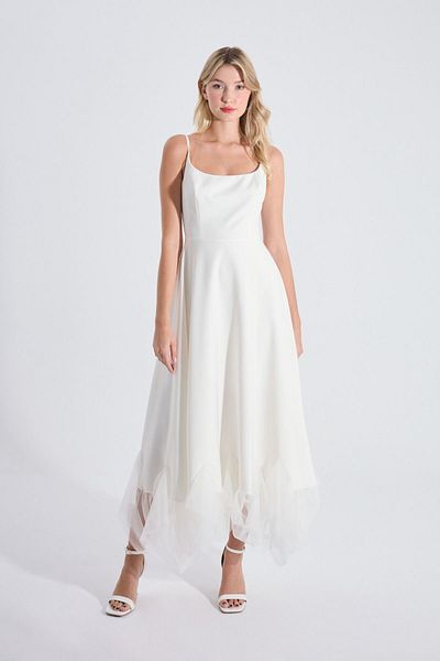 HOX'S Katniss |   Thin Strap Long Flared Dress with Tulle Detail on the Hem - Ecru