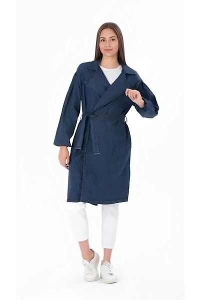 CNG MODA Balloon Sleeve and Belted Denim Trench Coat