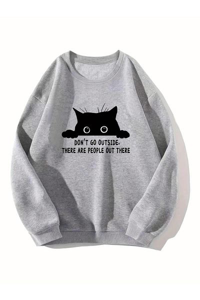 Touz Moda Γκρι Unisex Oversize Φούτερ - Μαύρη γάτα με στάμπα, Crew Neck
