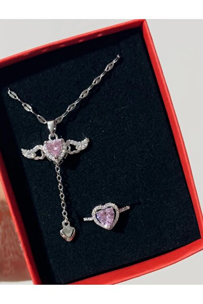 Vipfoni Kanatlı Kalp Çelik Kolye ve Gümüş Zirkon Ayarlanabilir Pandora Yüzük