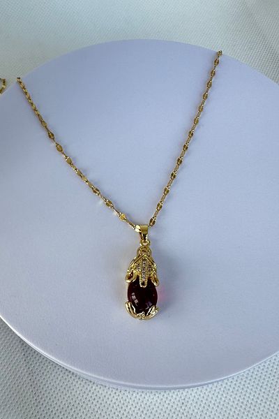 TAKIŞTIR Gold Color Frog Figured Stone Detailed Steel Necklace