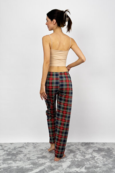 Betimoda Kadın Pamuklu Ekose Desenli Pijama Altı Eşofman Kurdeleli Bordo Yeşil Kareli
