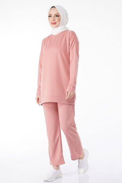 TOFİSA Σετ γυναικεία αθλητική φόρμα ροζ - Straight Crew Neck - 13010