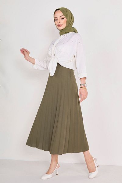 TOFİSA Khakifarbener Plisseerock für Damen – gerades, mittleres Design – 23035