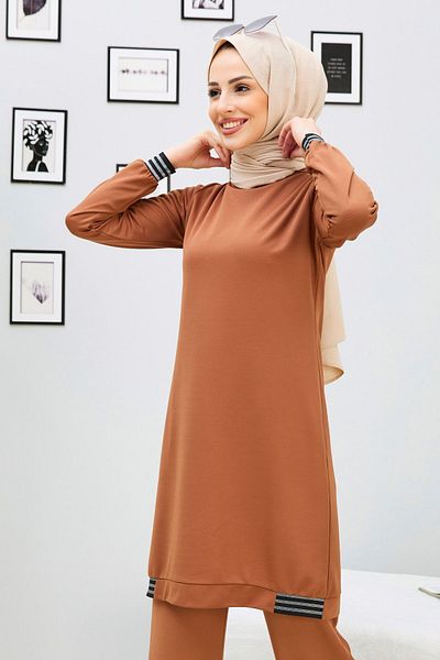 TOFİSA Women's Tan Tunic Trousers - Straight Crew Neck - 11352