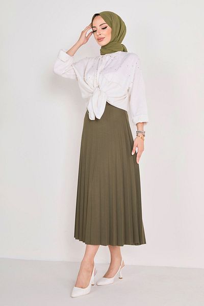 TOFİSA Khakifarbener Plisseerock für Damen – gerades, mittleres Design – 23035