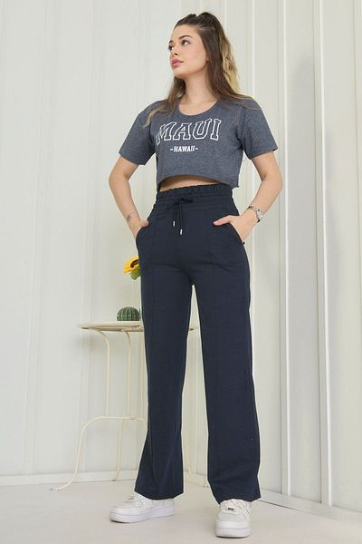 TOFİSA 22383-DARK BLUE High Waist Wide Leg Sweatpants