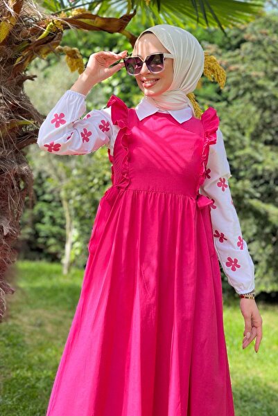 TOFİSA Damska sukienka koszulowa w kolorze fuksji – gładki, z okrągłym dekoltem – 10510