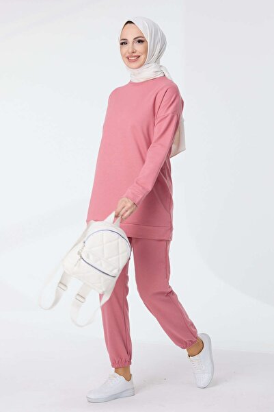 TOFİSA Σετ γυναικεία αθλητική φόρμα ροζ - Straight Crew Neck - 13010