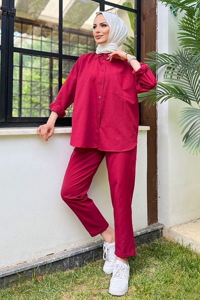 TOFİSA Women's Burgundy Tunic Trousers Straight Shirt Collar - 10563