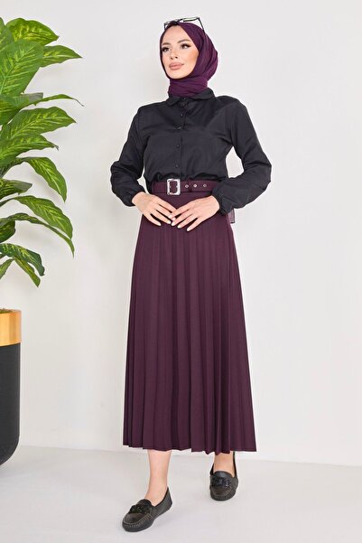 TOFİSA Plum Colored Straight Medium Women's Skirt - Belted, Model 23026