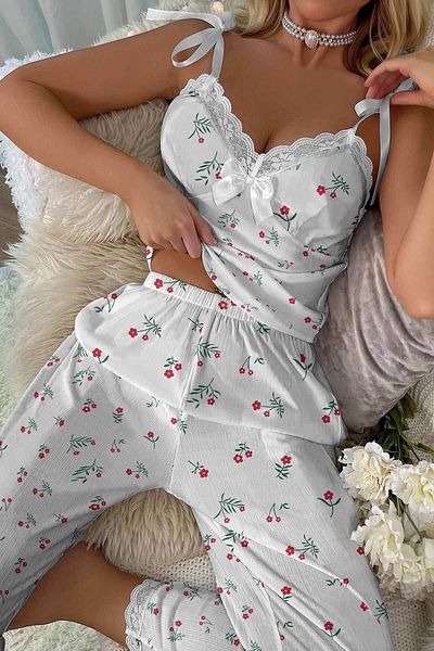 Çeyize dair herşey Ecru Penya Pajama Set - Shoulder Tied, Soft 6397