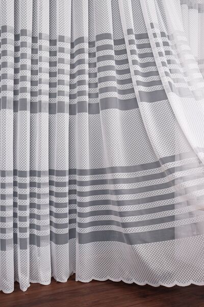elision home Ecru Knitted Transverse Striped Tulle Curtain, 200x250cm, 1/2 Sparse Pleat, Elıon04601