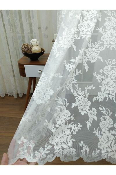 elision home Rose Patterned Lace Tulle Curtain, 450x270, Sparse Pleat, 1/2