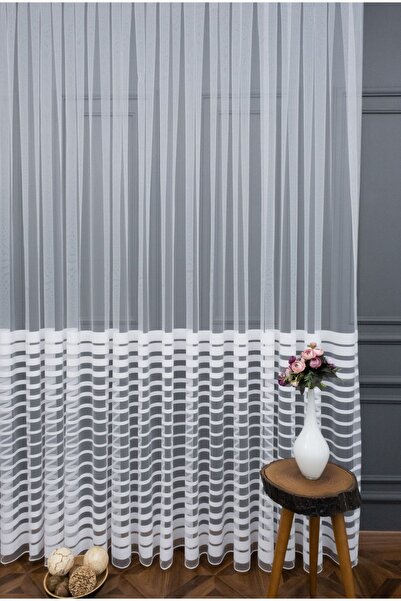 elision home Spor Desen Bantlı Tül Perde, 100x270, Seyrek Pile, 1/2