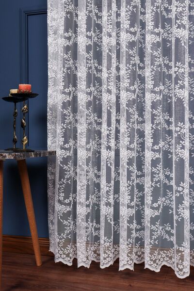 elision home Flower Patterned Knitted Tulle Curtain, 200x250cm, 1/2 Sparse Pleat, Elısıon04401