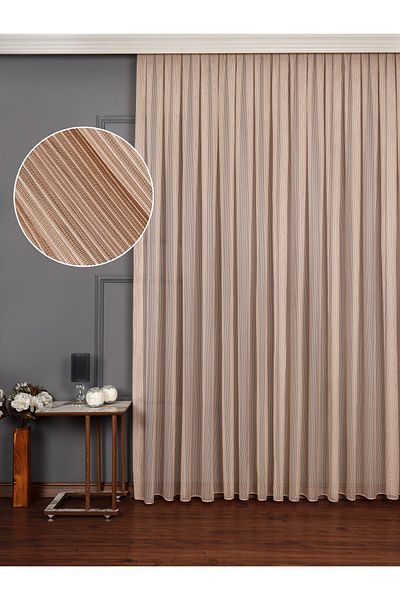 elision home Beige Colored Striped Tulle Curtain - Suitable for All Rooms with Skirts and Lead