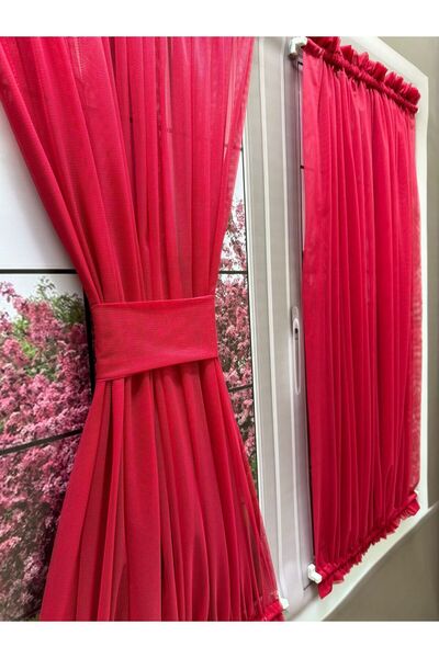 elision home Kırmızı Kelebek Briz Çubuklu Perde, Mutfak Kapı Pencere içi Tül Perde ( Çubuklar Dahil )