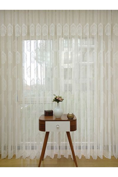 elision home Damask Patterned Special Knitted Textured Tulle Curtain, 400x250, Sparse Pleat, 1/2