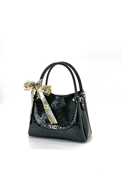 VICTORIA SHINE 3065 نموذج أسود من الجلد اللامع بطباعة الفهد وحقيبة كتف متوسطة...