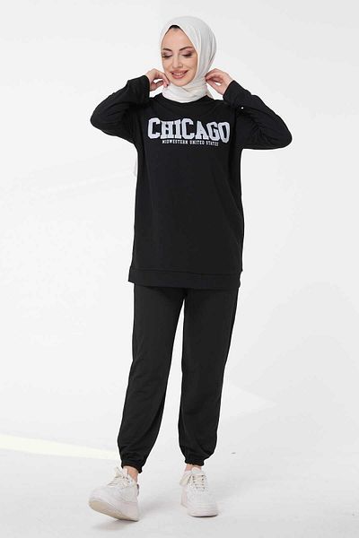 TOFİSA Black Crew Neck Tunic and Trousers for Women - 13045