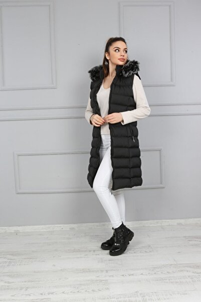 S&V TEKSTİL Kadın Siyah Şişme Uzun Yelek Mont