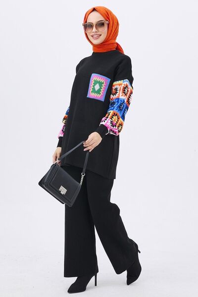TOFİSA Medium Women's Black Knitwear Tunic and Trousers - 21833