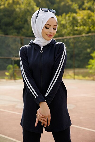 TOFİSA Navy Blue Hooded Collar Tunic and Trousers for Women - 4126