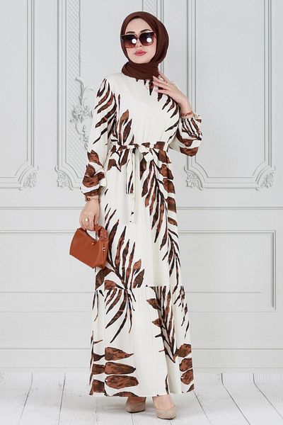 Herita Viskosekleid mit Rüschenrock und Palmenmuster - Braun