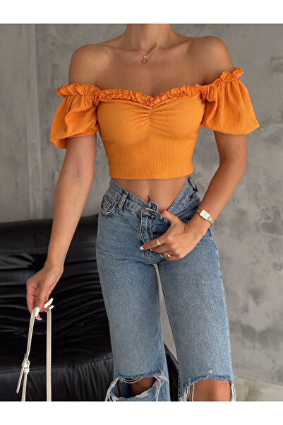 QUTTA Πορτοκαλί μπλούζα με σούρες - Γιακάς Μαντόνα, Ύφασμα με κορδόνια