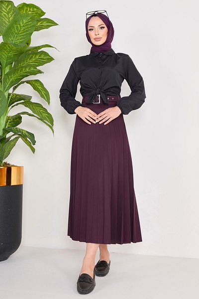 TOFİSA Plum Colored Straight Medium Women's Skirt - Belted, Model 23026