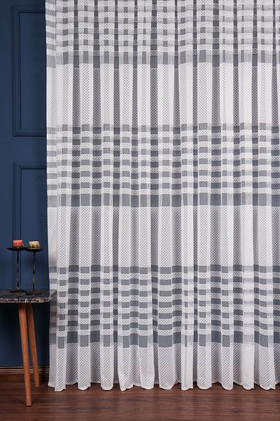 elision home Ecru Knitted Transverse Striped Tulle Curtain, 200x250cm, 1/2 Sparse Pleat, Elıon04601