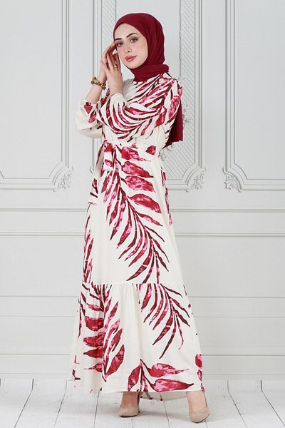 Herita Viskosekleid mit Rüschenrock und Palmenmuster - Braun