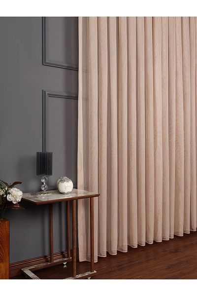 elision home Beige Colored Striped Tulle Curtain - Suitable for All Rooms with Skirts and Lead