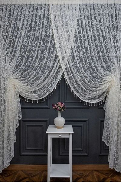 elision home Ecru Color Shawl Pattern Double Breasted, (Beaded), Living Room, Kitchen, Bedroom, Tulle Curtain Suitable for Every Room