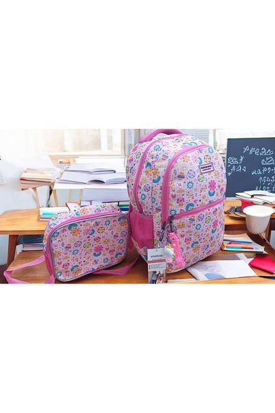 GENC DIJITAL BASKI Smiling Flower Face Patterned School and Lunch Box - With Mascot Keychain Gift